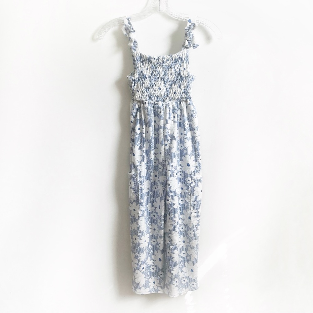 Paisley Lane girls jumpsuit white blue floral sleeveless smocked bows